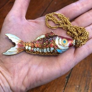 Vintage Cloisonné Articulated Koi Fish Necklace Pendant